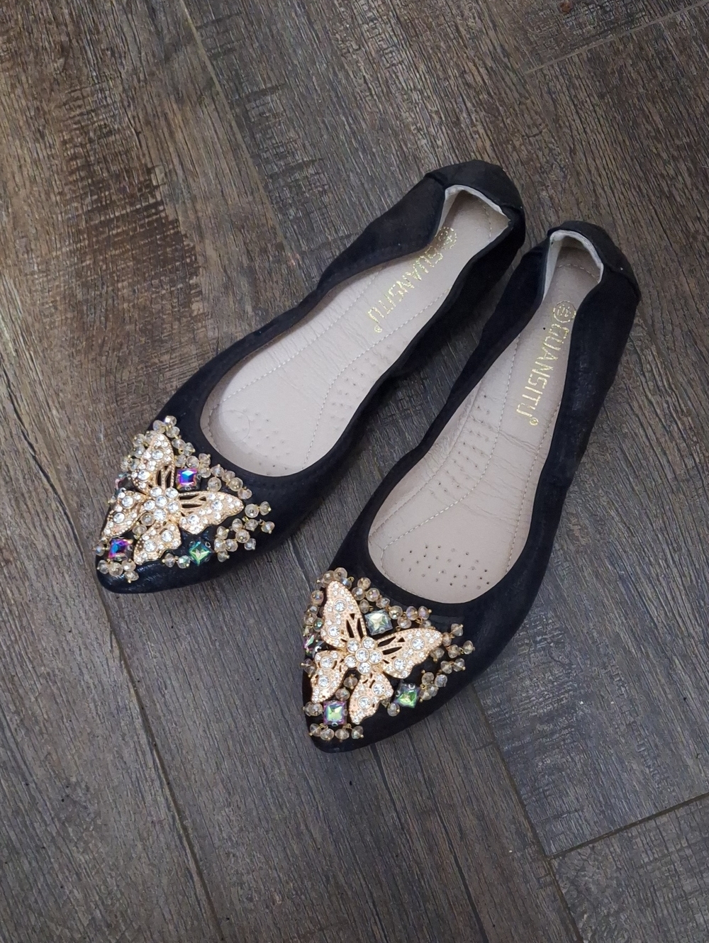 Crystal Butterfly Embellished Black Pointed Ballet Flats